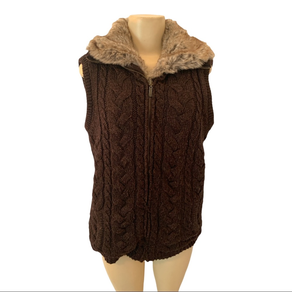 Eivissa Wool Blend Ribbed Cable Knit Faux Fur Sweater Vest Dark Academia Pocket